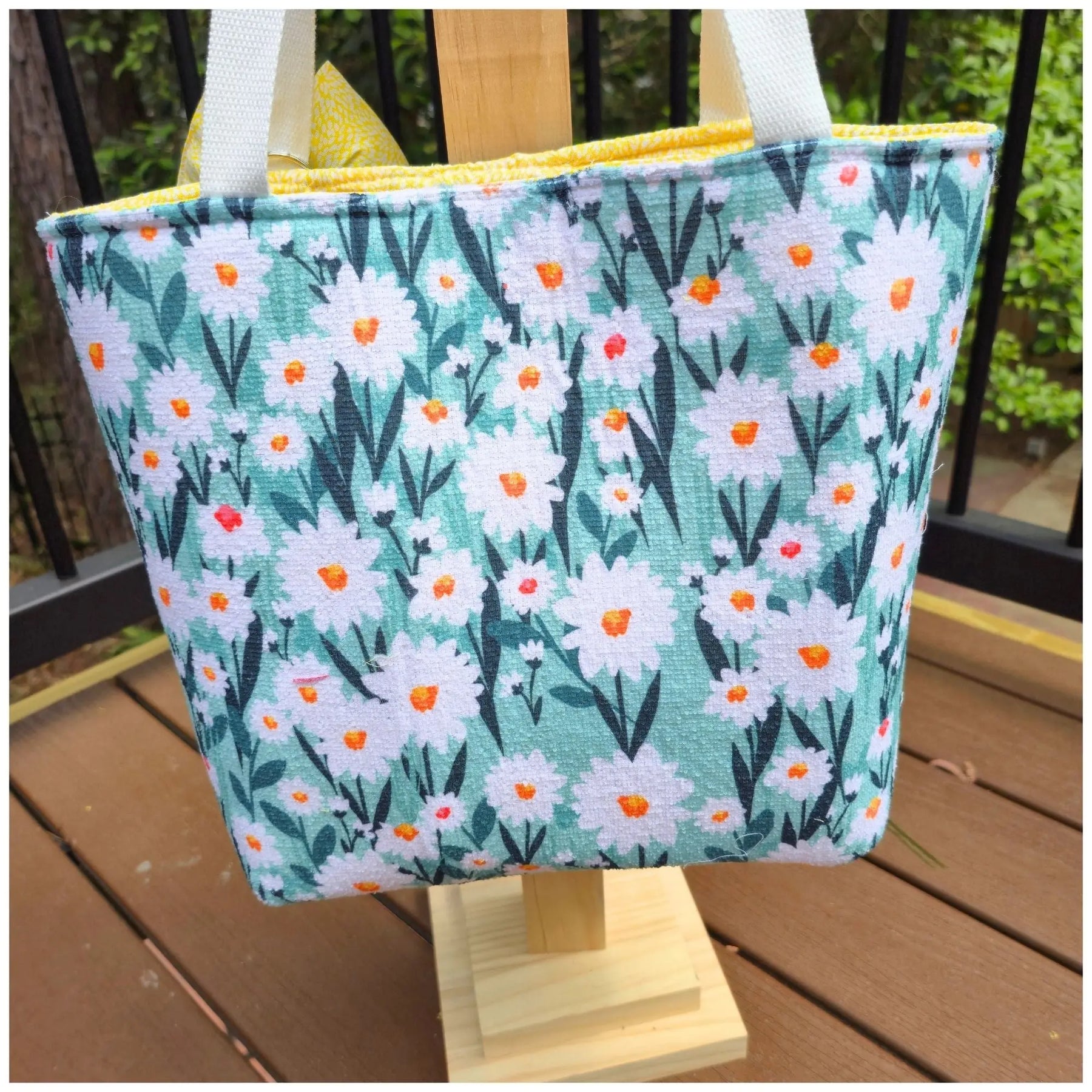 Floral Tote Bag with Bow Charm, Large Handmade Shoulder Bag, Cotton Lined Tote with Pockets by Maypop House Designs, handmade leather goods detail photo 5