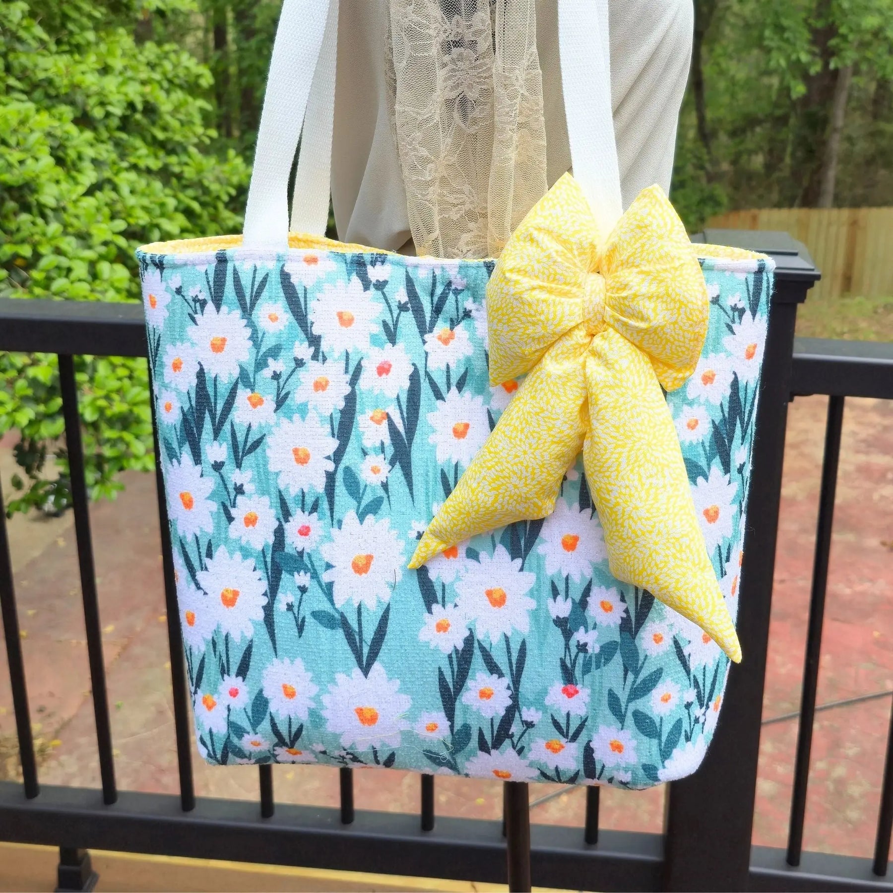 Floral Tote Bag with Bow Charm, Large Handmade Shoulder Bag, Cotton Lined Tote with Pockets by Maypop House Designs, handmade leather goods detail photo 6