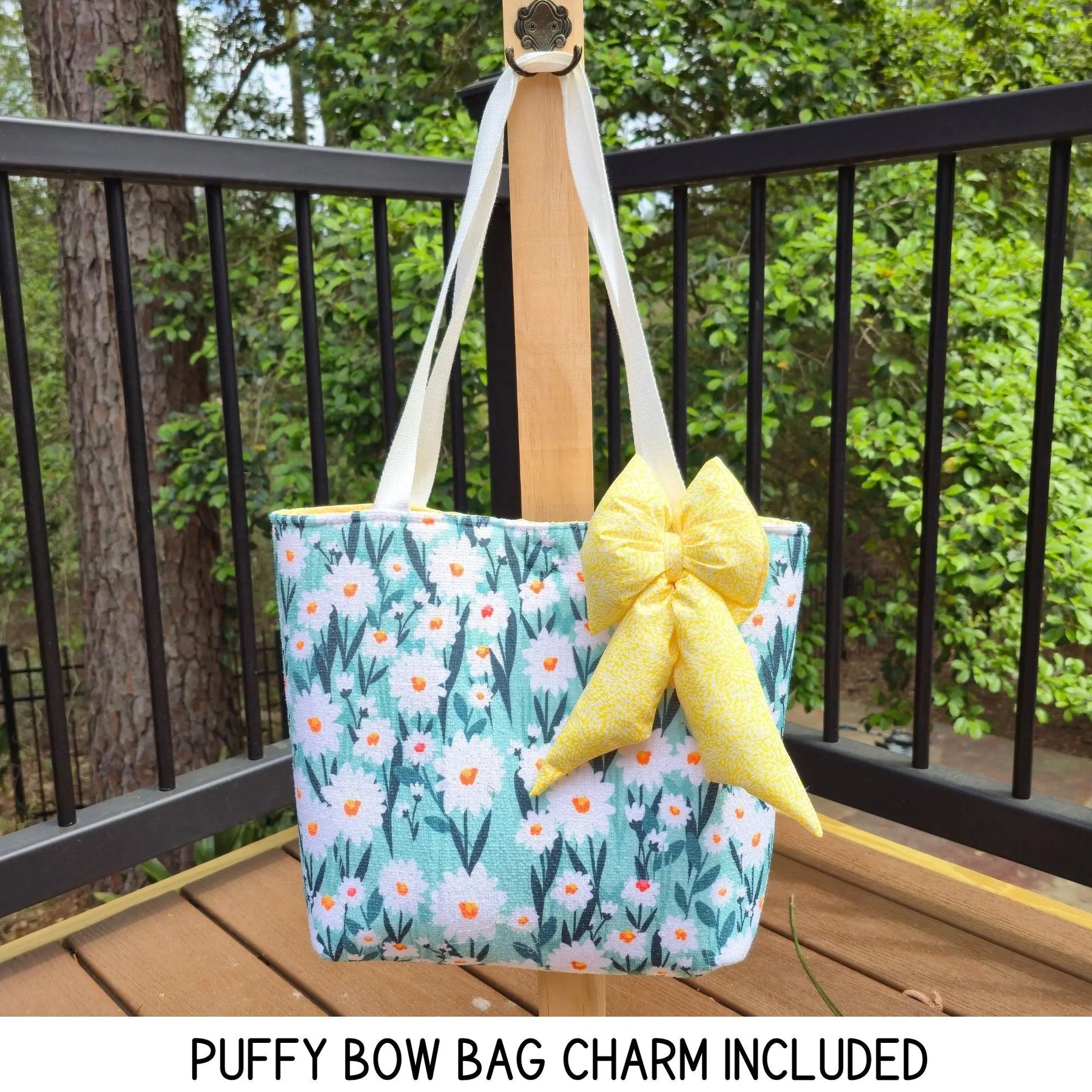 Floral Tote Bag with Bow Charm, Large Handmade Shoulder Bag, Cotton Lined Tote with Pockets by Maypop House Designs, handmade leather goods detail photo 8