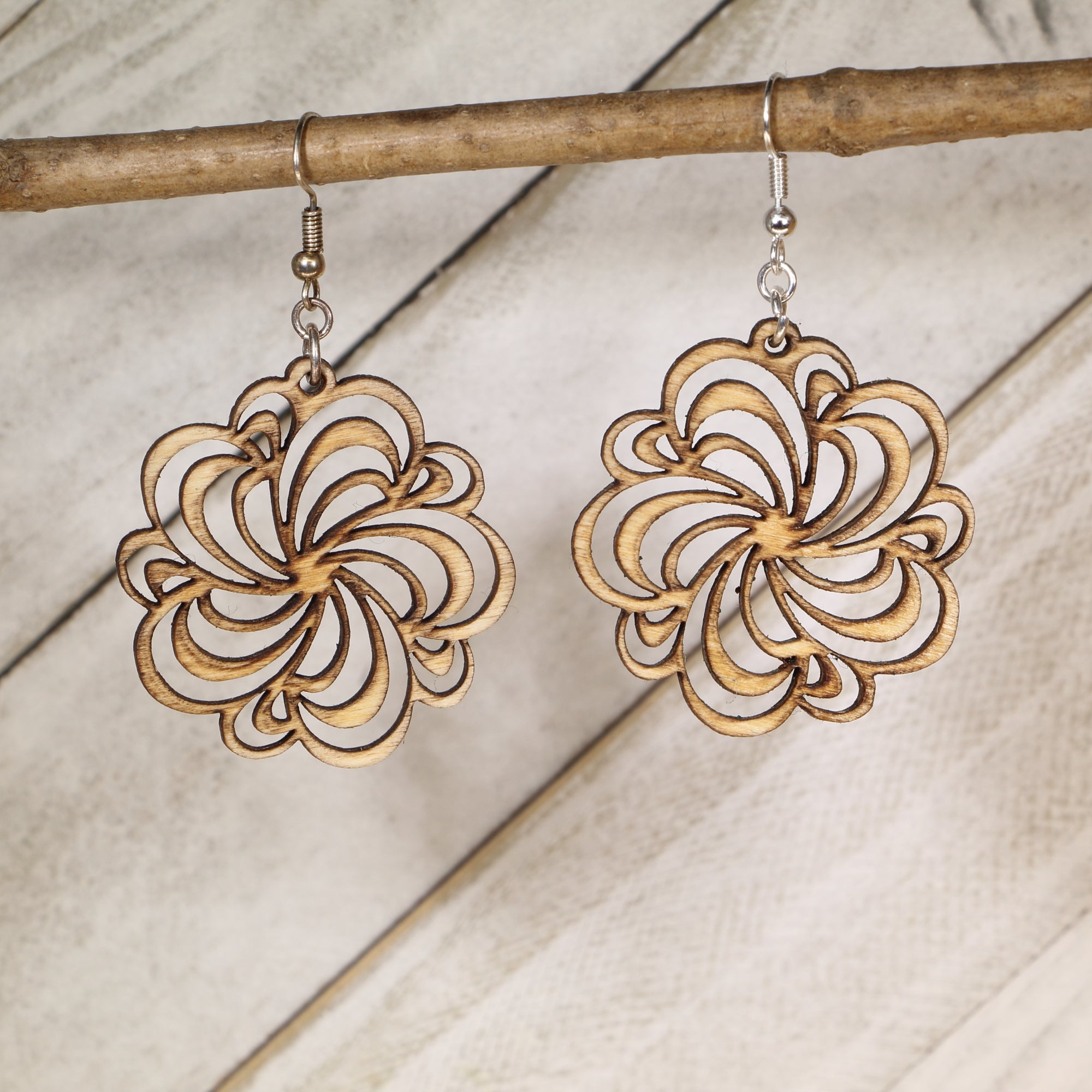Floral Swirl Wooden Dangle Earrings | Boho Flower Filigree Jewelry