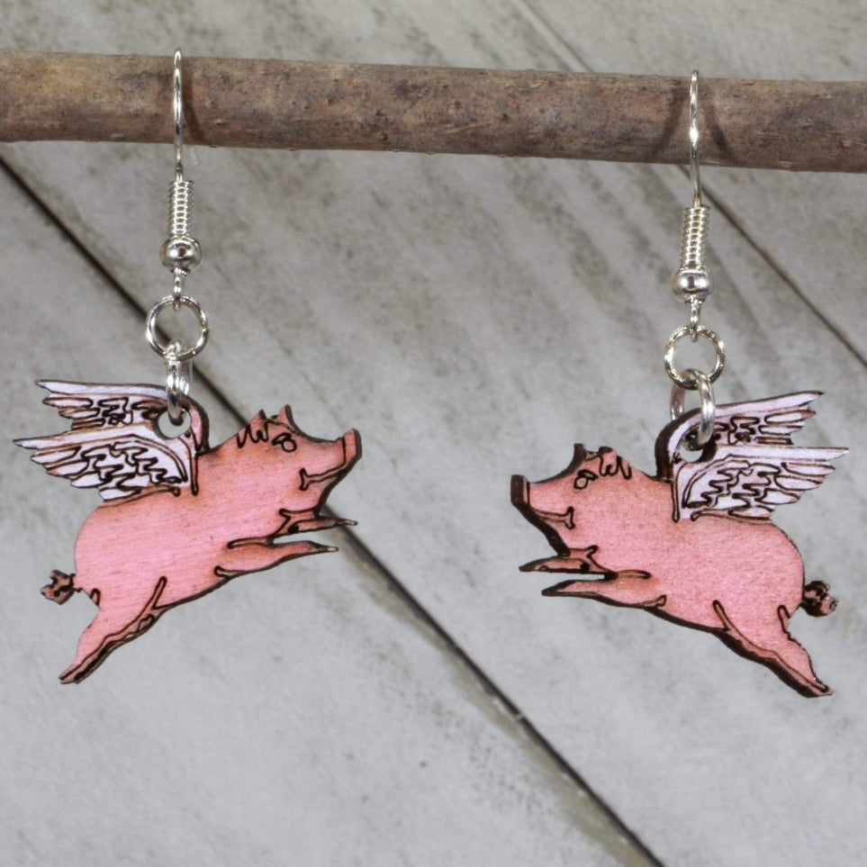 Flying Pig Wooden Dangle Earrings | Realistic Animal Jewelry by Cate's Concepts, LLC, handmade jewelry main product photo
