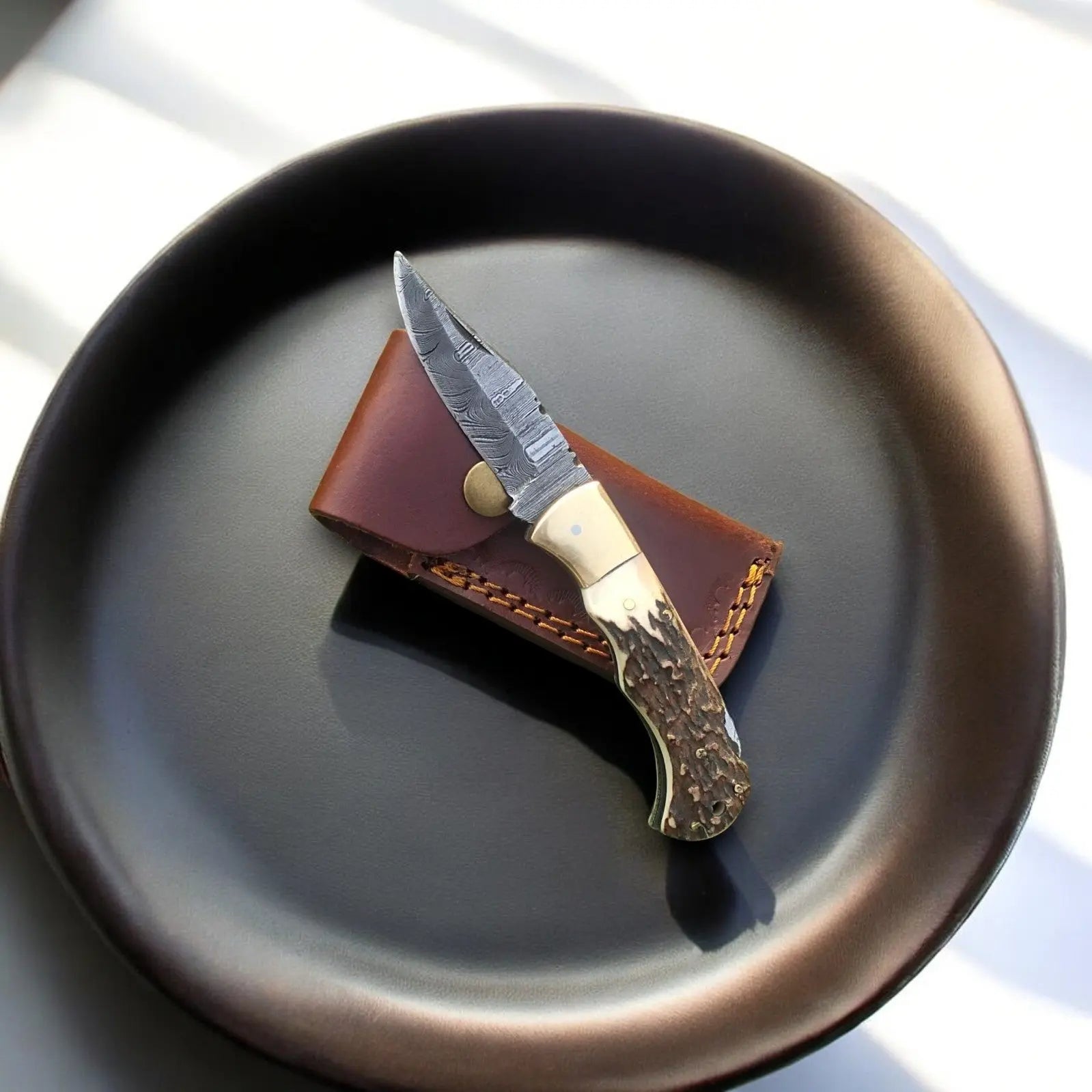 Folding Hunter Knife | Antler Horn Handle with Leather Case by Damascus Knife Store, Damascus knife main product photo
