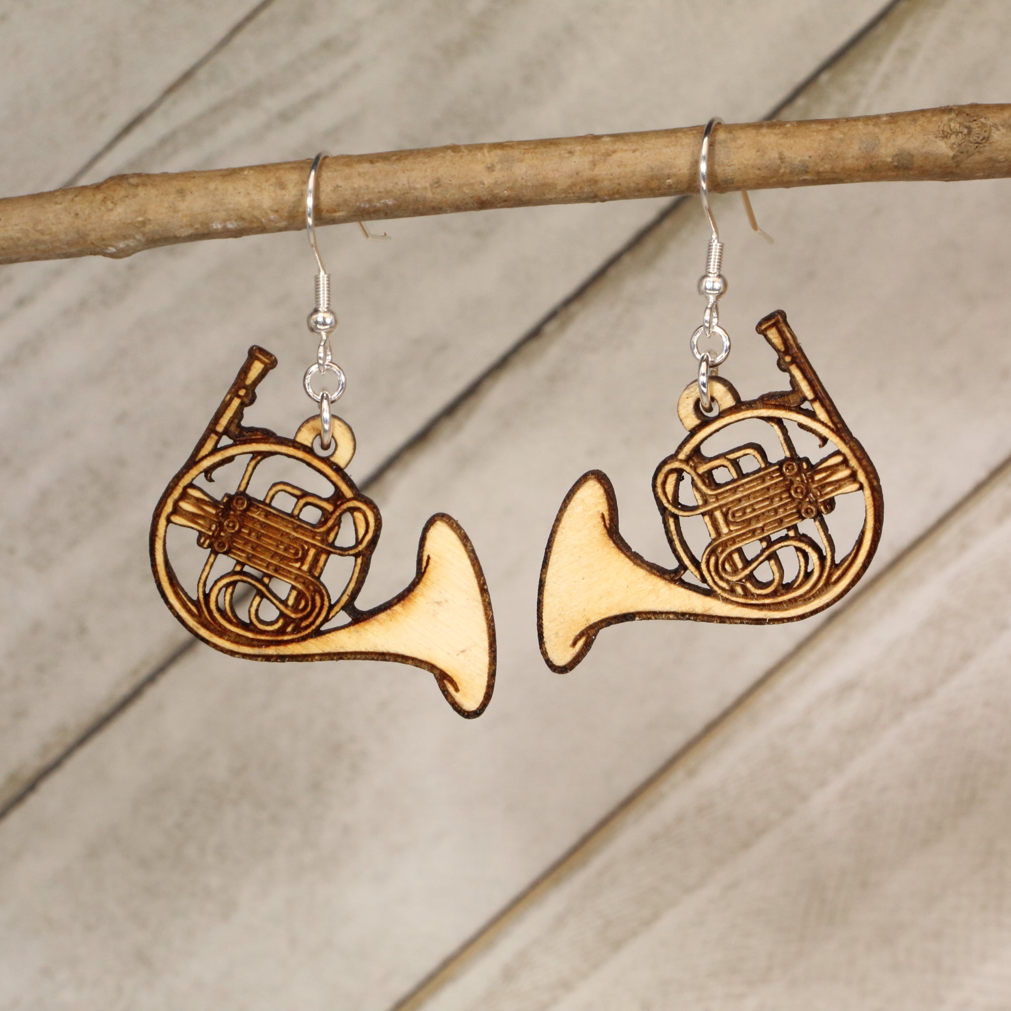 French Horn Wooden Dangle Earrings | Band Instrument Jewelry by Cate's Concepts, LLC, handmade jewelry main product photo