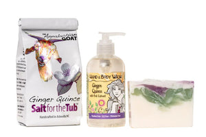 Ginger Quince bath set with salts, liquid soap, and bar soap.