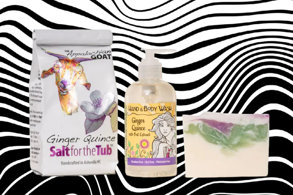 Ginger Quince bath salts, liquid soap, and bar soap.