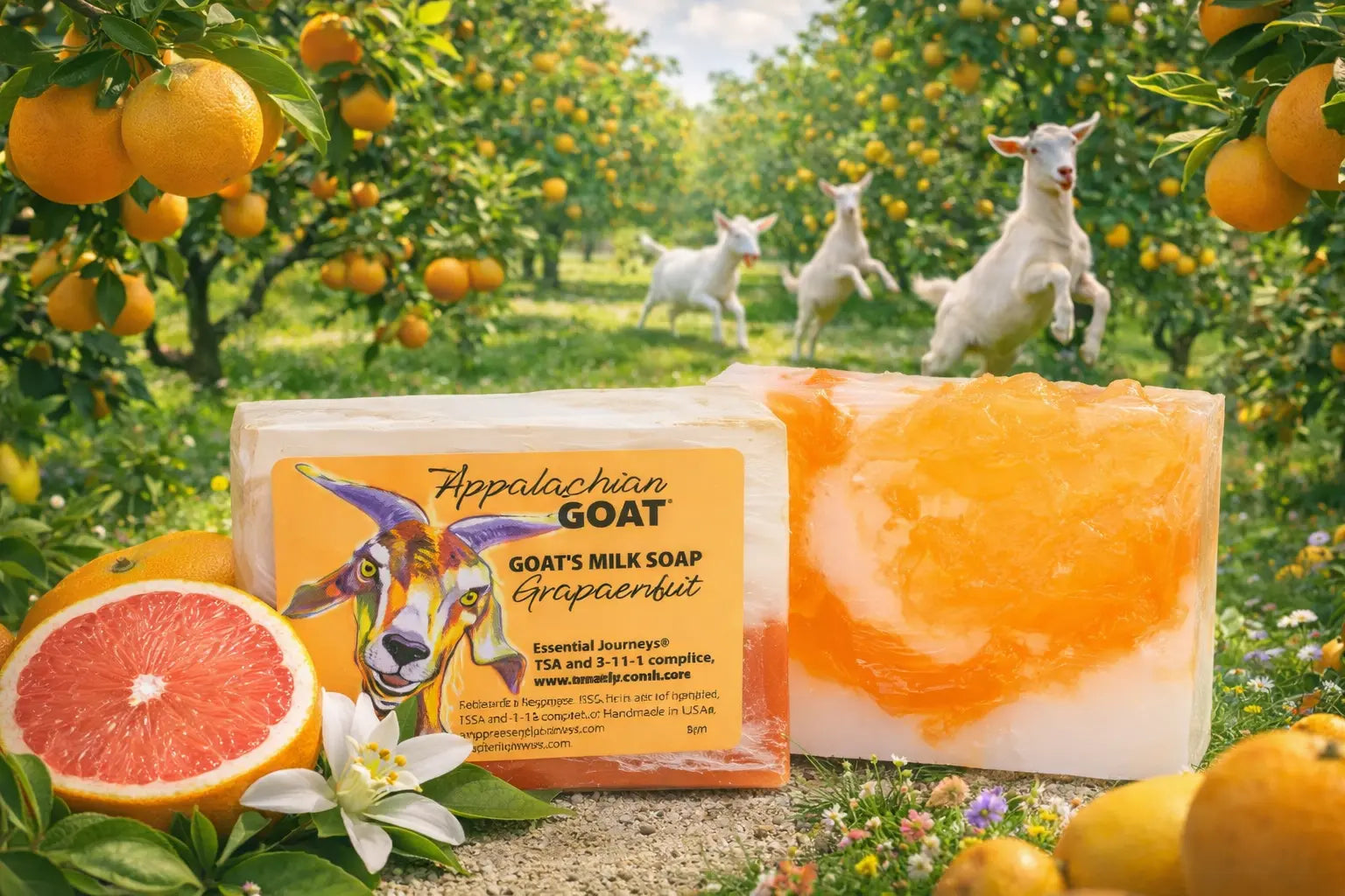 Goat milk soap slice with grapefruit slices and oranges in an orchard.