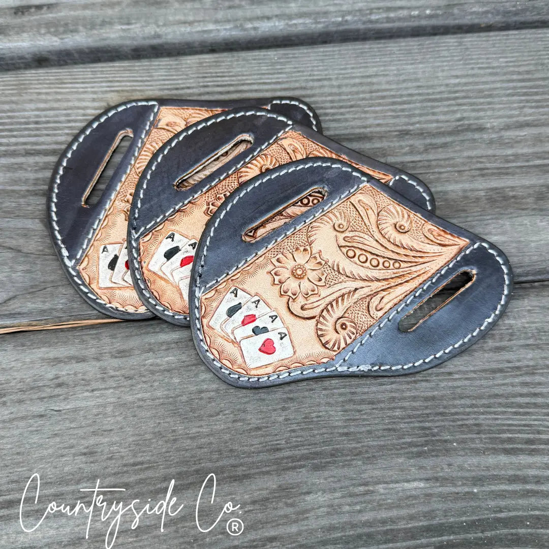 Tooled leather knife sheath with poker aces and dark & tan colors