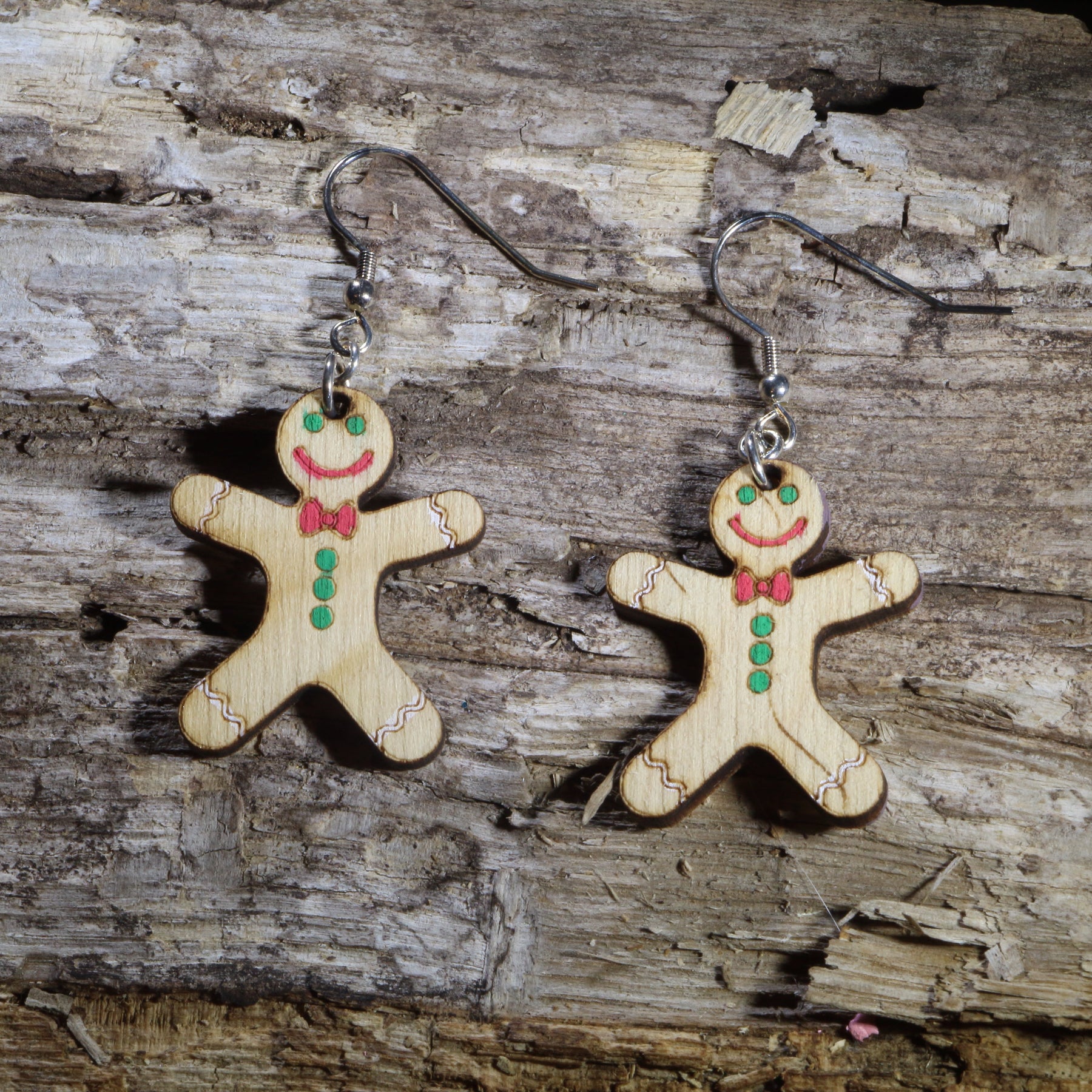 Gingerbread Man Wooden Dangle Earrings | Christmas Holiday Jewelry