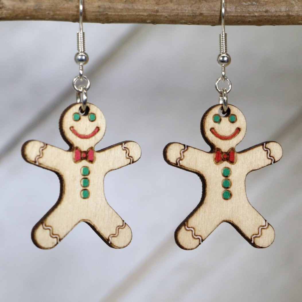 Gingerbread Man Wooden Dangle Earrings | Christmas Holiday Jewelry by Cate's Concepts, LLC, handmade jewelry main product photo