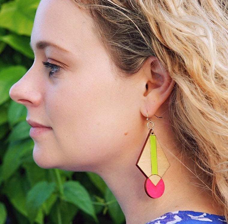 Additional view of Neon Art Deco Earrings hand painted on lightweight wood by LE CHIC MIAMI