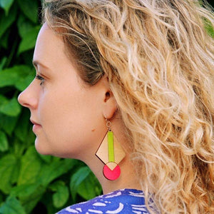 Additional view of Neon Art Deco Earrings hand painted on lightweight wood by LE CHIC MIAMI