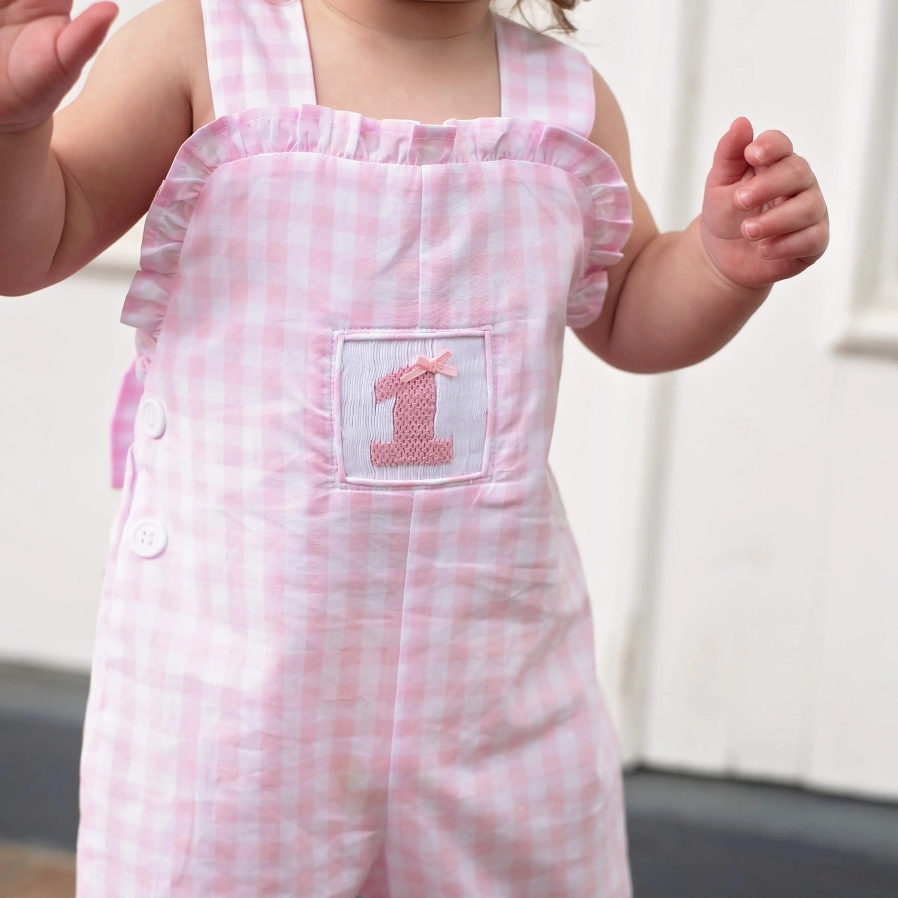 Girls Smocked First Birthday Longall by Seven Lantern Lane, children's boutique clothing detail photo 24