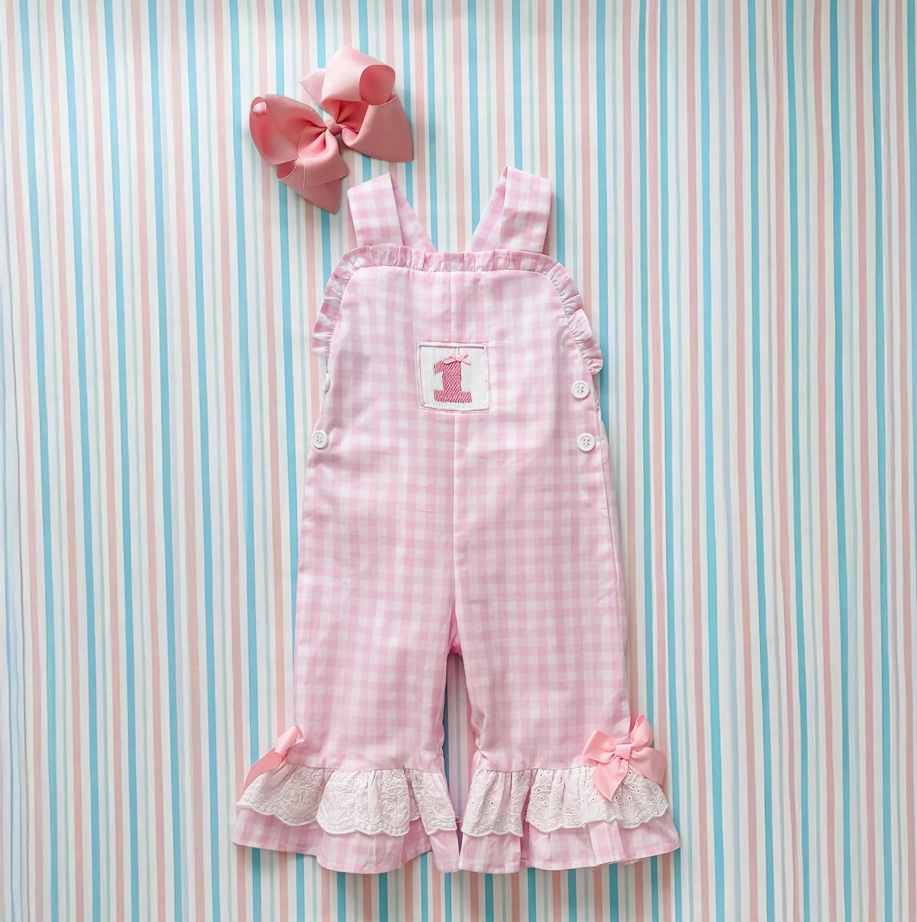 Girls Smocked First Birthday Longall by Seven Lantern Lane, children's boutique clothing detail photo 25