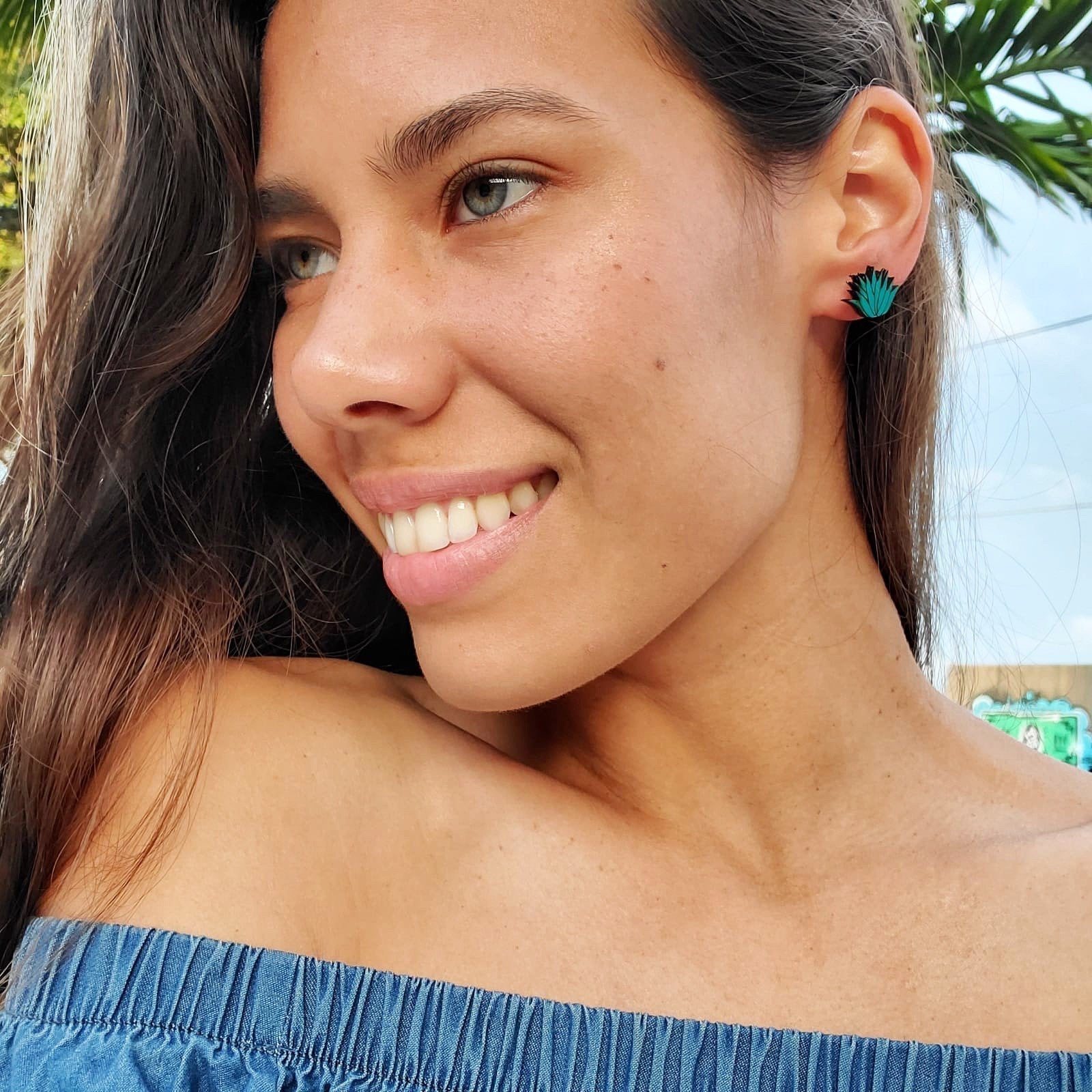 Additional view of Agave Stud Earrings hand painted on lightweight wood by LE CHIC MIAMI