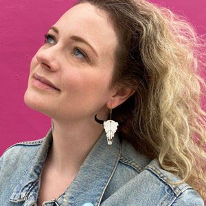 Additional view of Bison Skull Hoop Earrings hand painted on lightweight wood by LE CHIC MIAMI