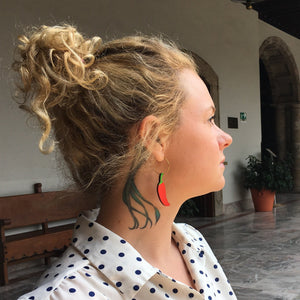 Additional view of Chili Pepper Hoop Earrings hand painted on lightweight wood by LE CHIC MIAMI