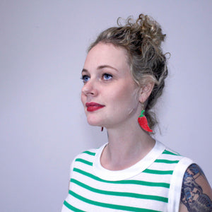 Additional view of Chili Pepper Hoop Earrings hand painted on lightweight wood by LE CHIC MIAMI