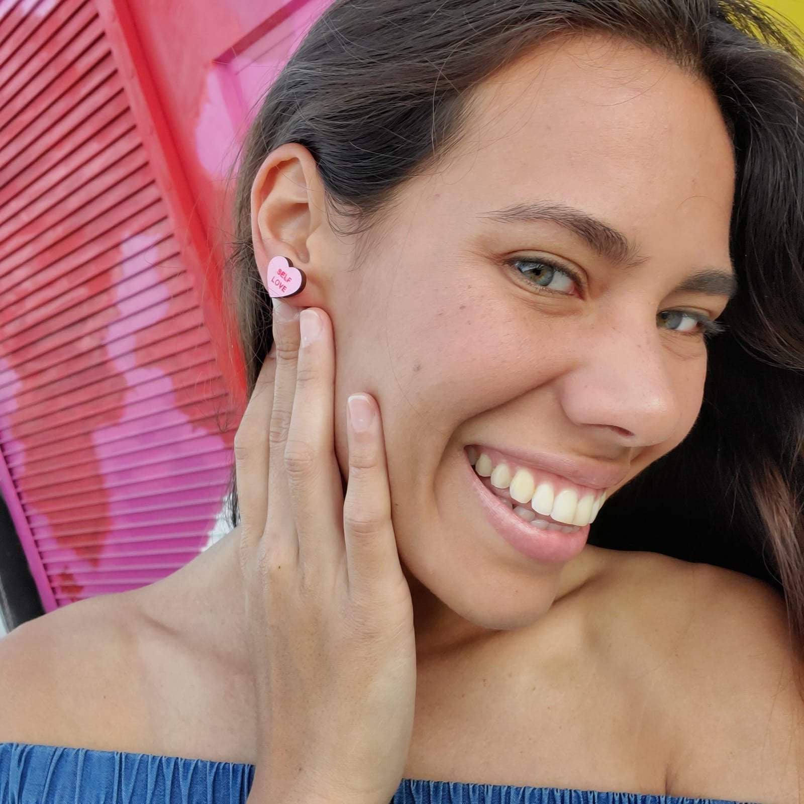 Additional view of Self Love Candy Heart Stud Earrings hand painted on lightweight wood by LE CHIC MIAMI