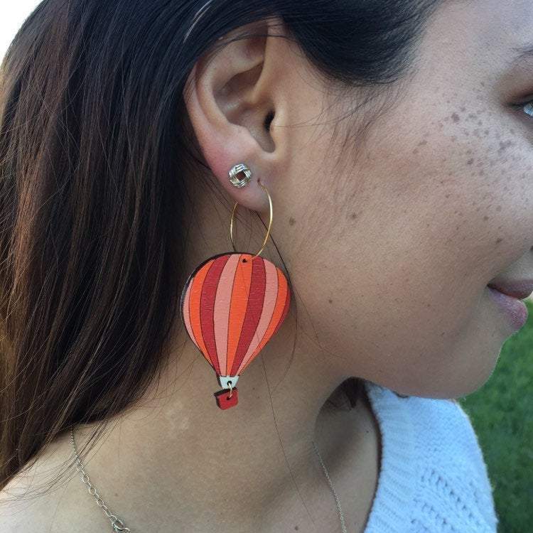 Additional view of Hot Air Balloon Earrings hand painted on lightweight wood by LE CHIC MIAMI