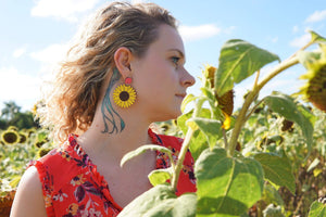 Additional view of Sunflower Dangle Earrings hand painted on lightweight wood by LE CHIC MIAMI