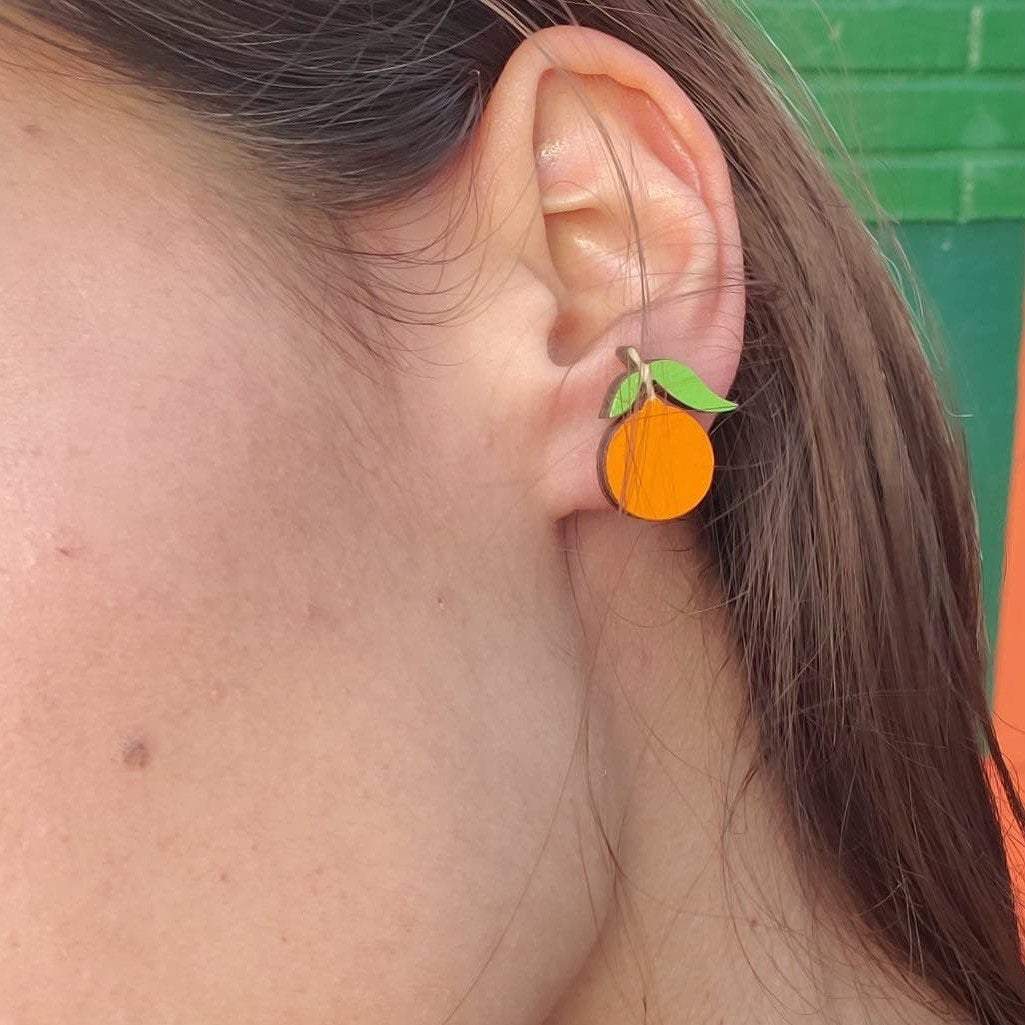 Additional view of Tangerine Stud Earrings hand painted on lightweight wood by LE CHIC MIAMI