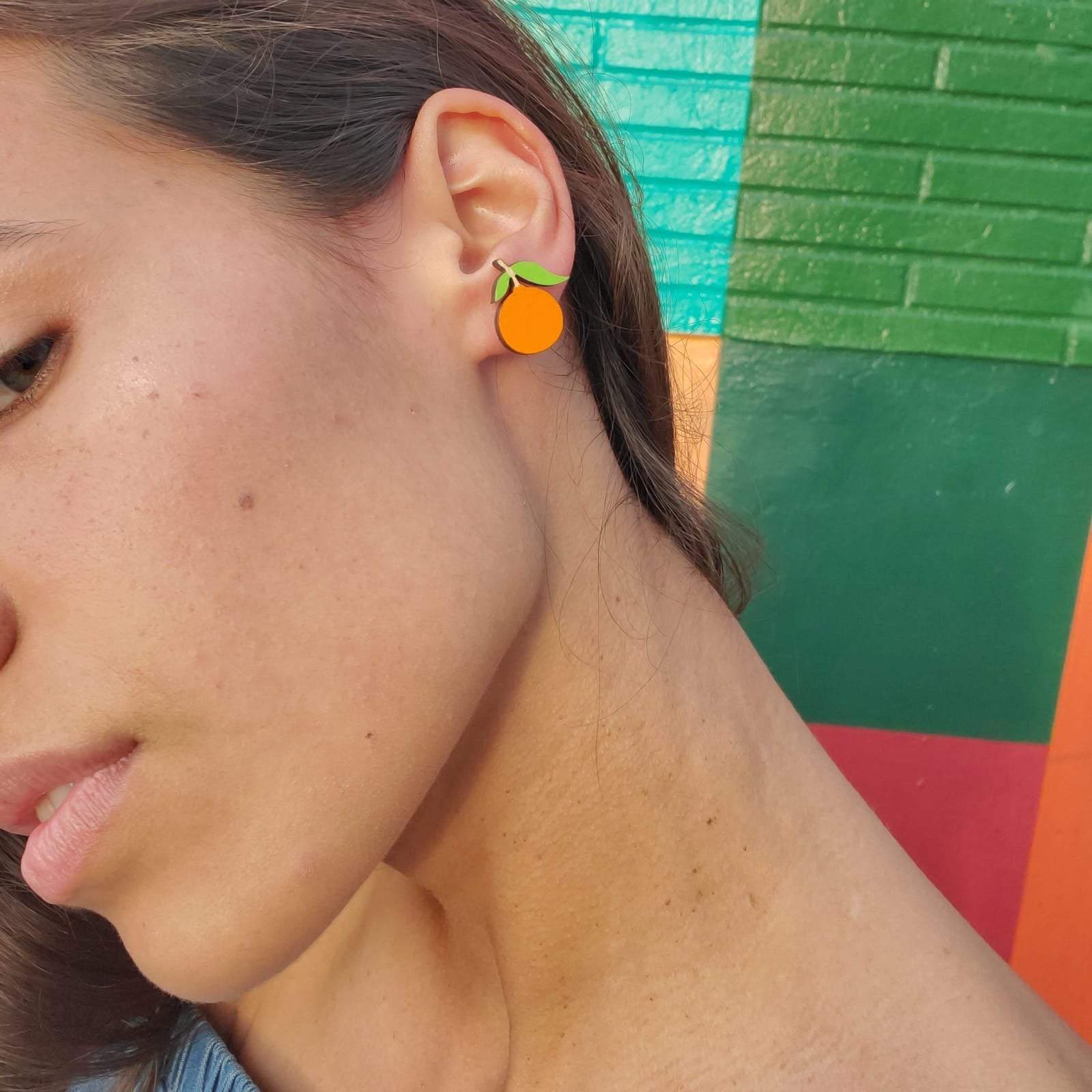 Additional view of Tangerine Stud Earrings hand painted on lightweight wood by LE CHIC MIAMI