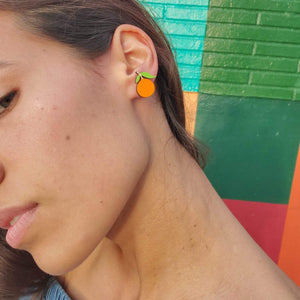 Additional view of Tangerine Stud Earrings hand painted on lightweight wood by LE CHIC MIAMI