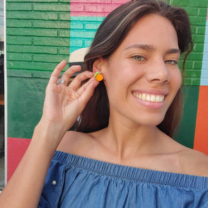 Additional view of Tangerine Stud Earrings hand painted on lightweight wood by LE CHIC MIAMI