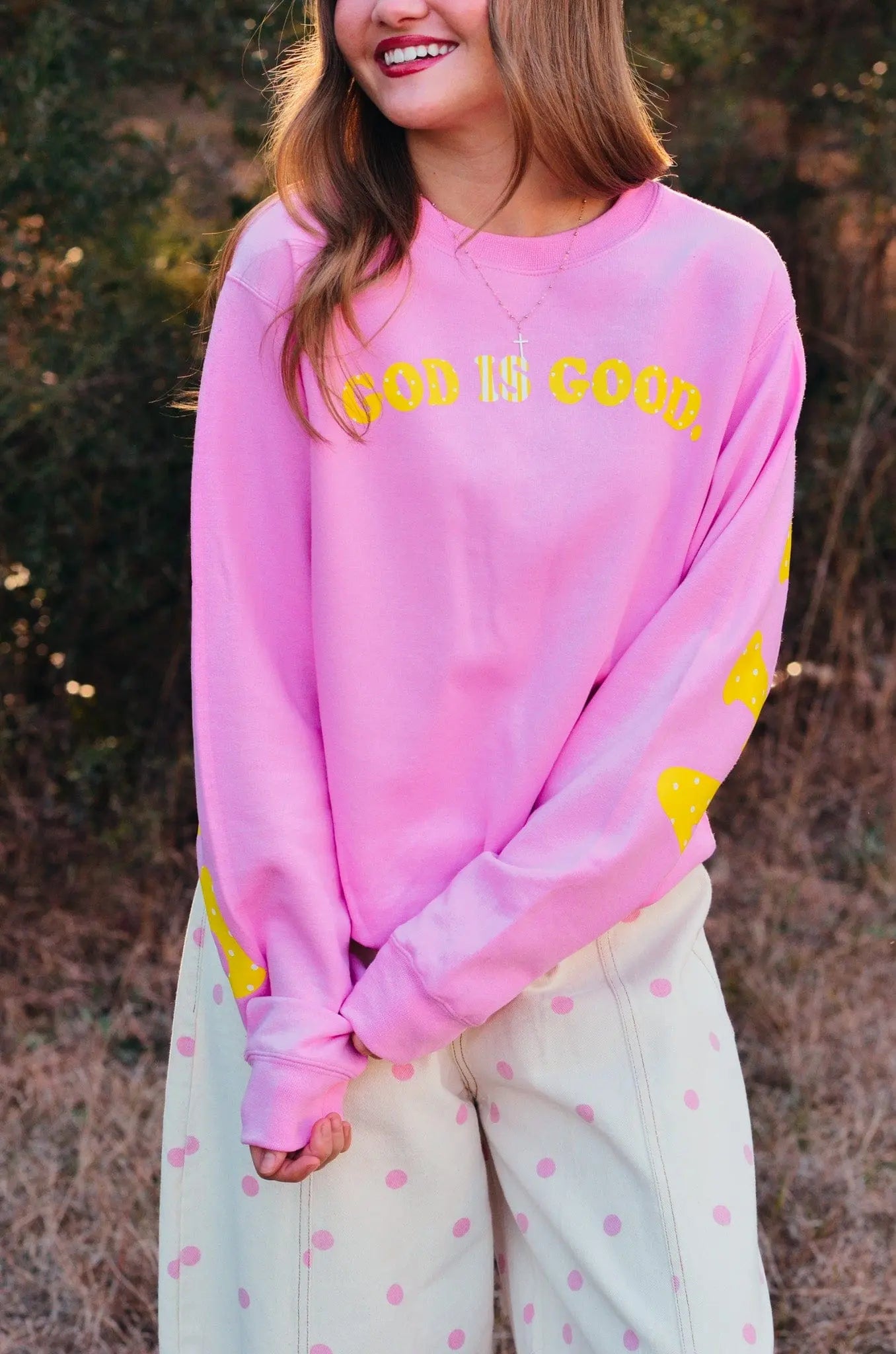 God Is Good Pink Sweatshirt by Southern Bliss Company, Southern lifestyle apparel main product photo