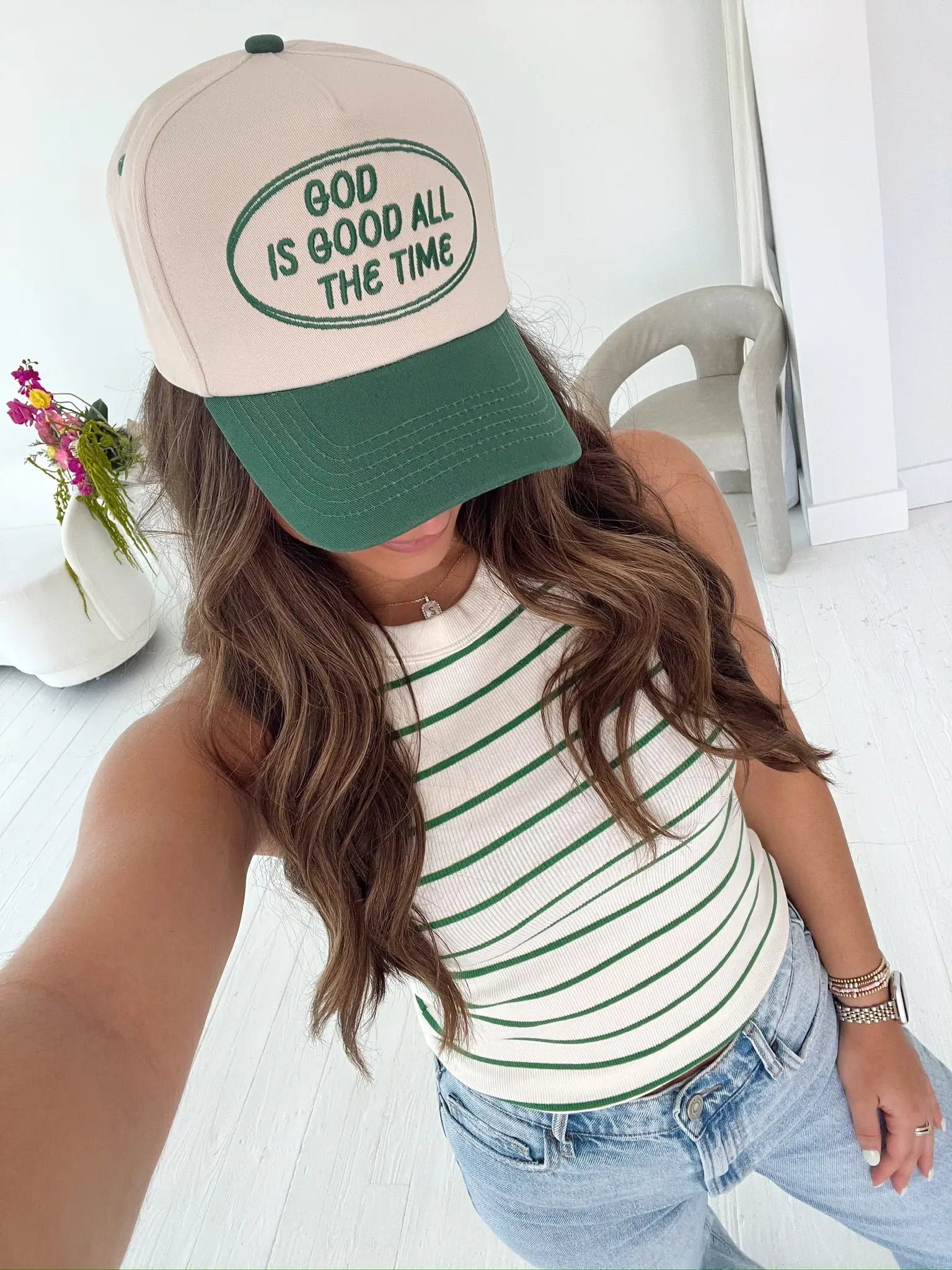 God is Good - Green Vintage Trucker Hat by KenzKustomz, Southern lifestyle apparel detail photo 2