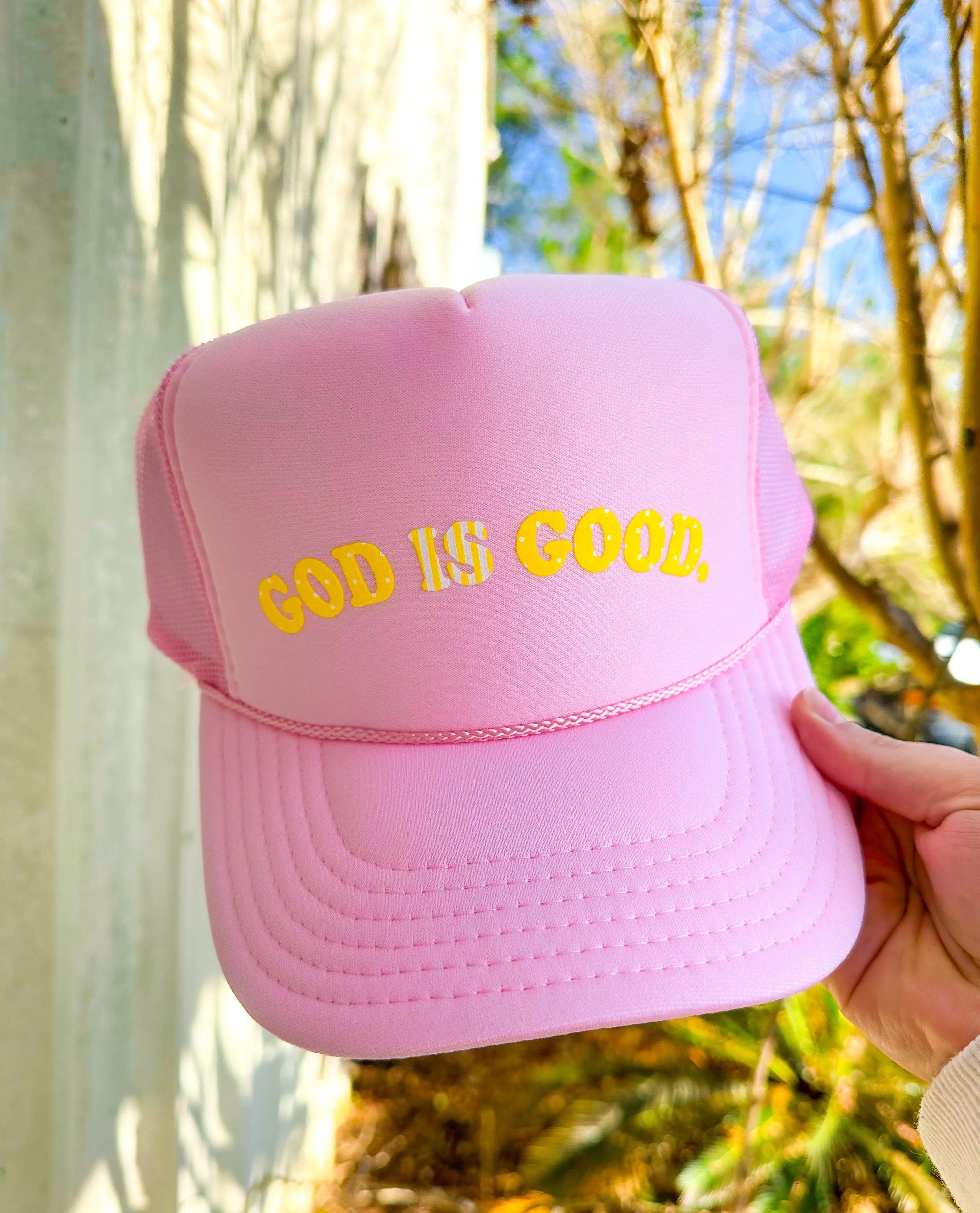 God is Good Light Pink Trucker Hat by Southern Bliss Company, Southern lifestyle apparel main product photo