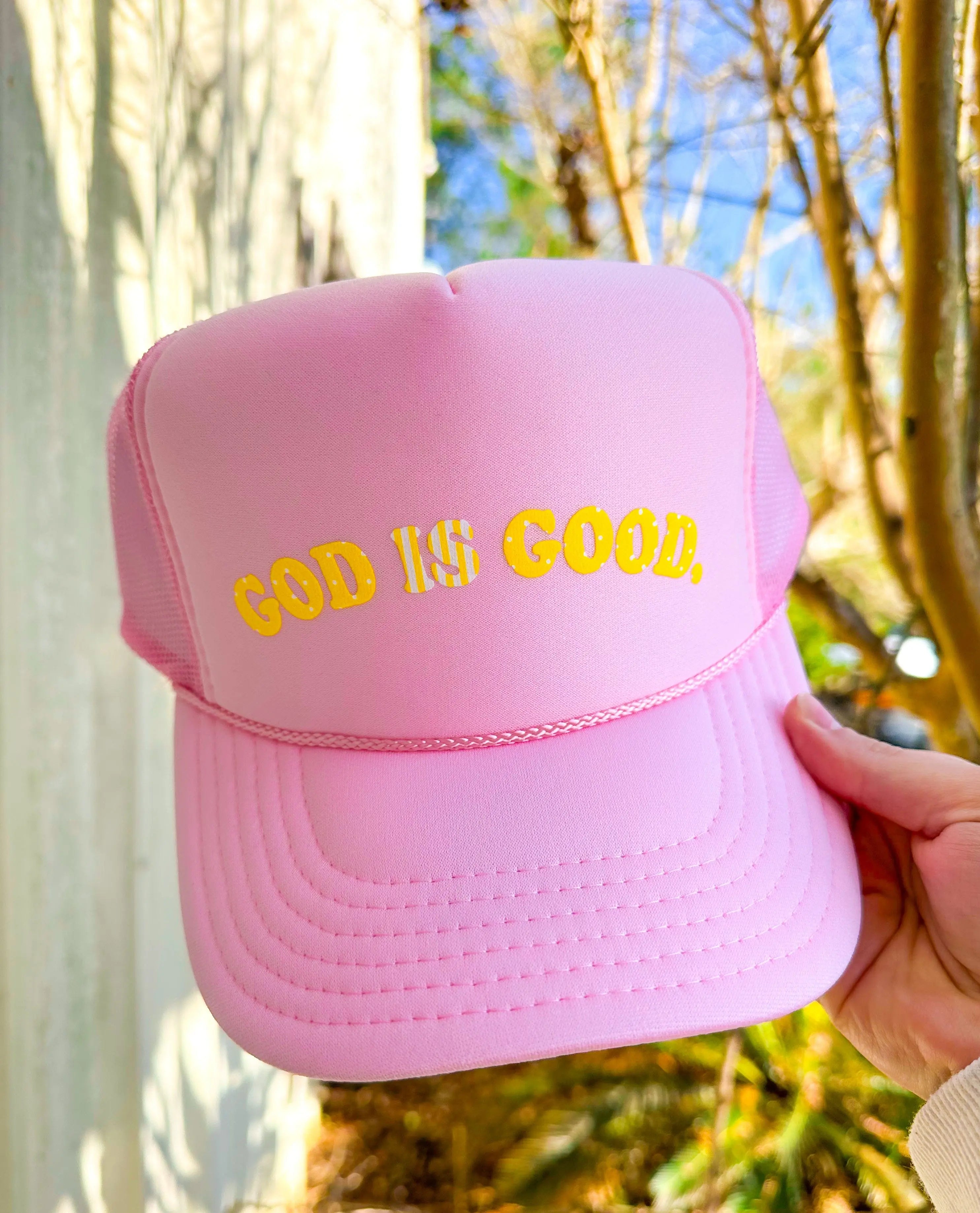 God is Good Light Pink Trucker Hat by Southern Bliss Company, Southern lifestyle apparel detail photo 2