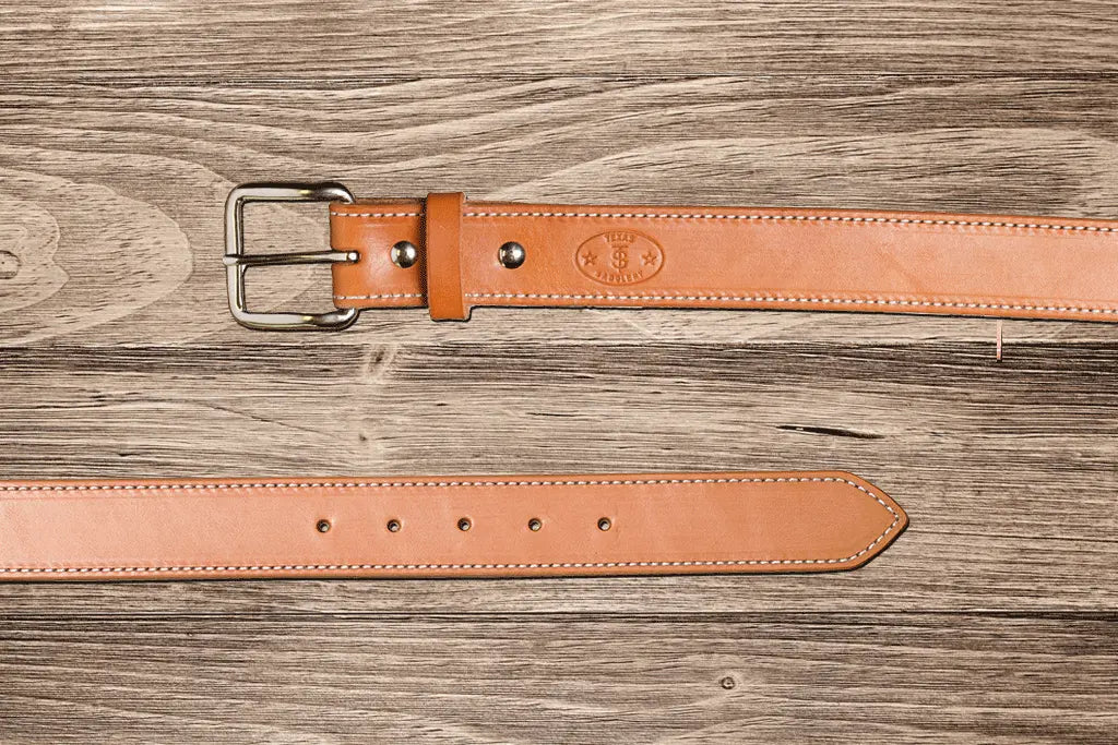 Golden Harness Belt by Texas Saddlery, handmade leather goods detail photo 2