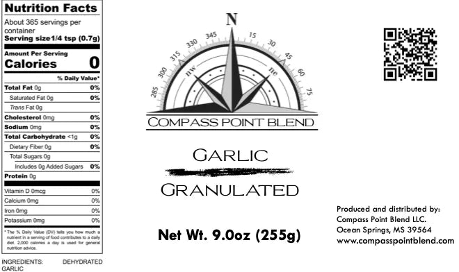 Compass Point Blends Granulated Garlic: Nutrition Facts, Ingredients, and Spice Details. Spice bottle label.