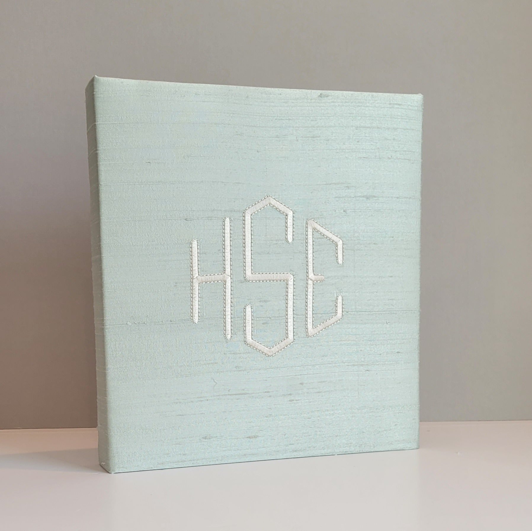 Green silk handmade baby memory book with ivory monogram by AP Creations