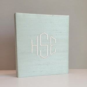 Green silk handmade baby memory book with ivory monogram by AP Creations