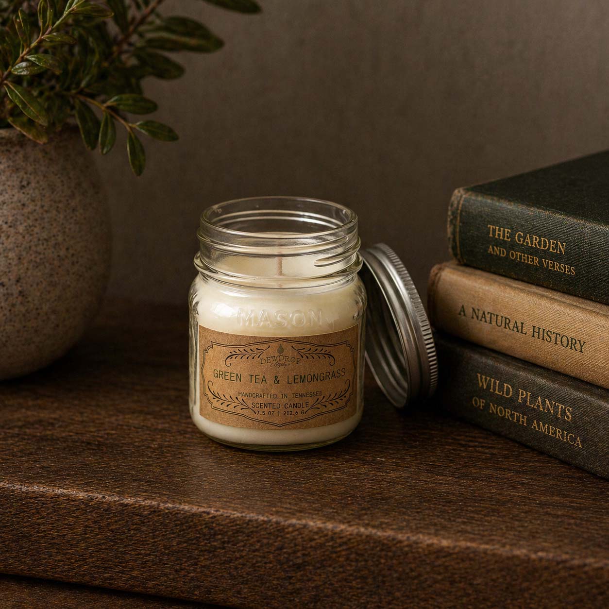Green Tea & Lemongrass 7.5oz Candle by Dewdrop Mystique LLC, Southern food gift main product photo