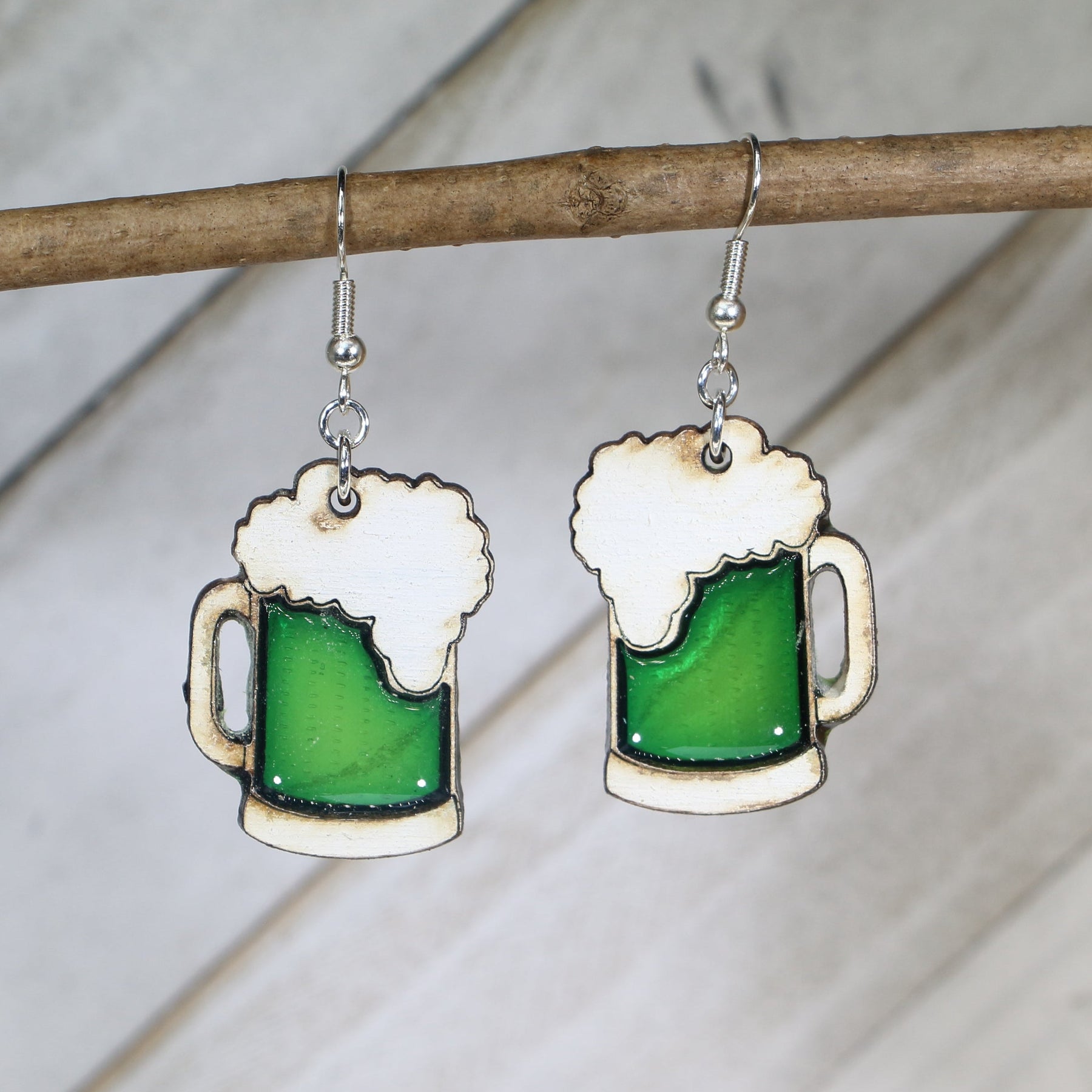 Green Beer Mug Wooden Dangle Earrings | St Patrick’s Day Jewelry