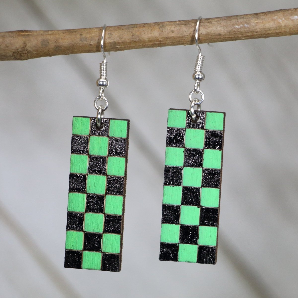 Green Black Checkerboard Wooden Earrings | Pixel Gaming Jewelry