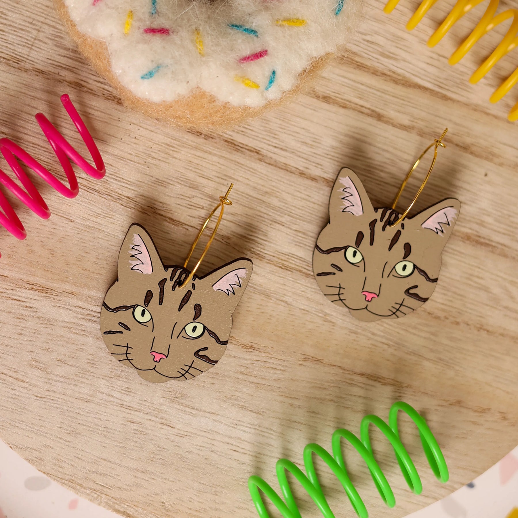 Grey Tabby Cat Hoop Earrings hand painted on lightweight wood by LE CHIC MIAMI