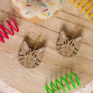 Grey Tabby Cat Hoop Earrings hand painted on lightweight wood by LE CHIC MIAMI
