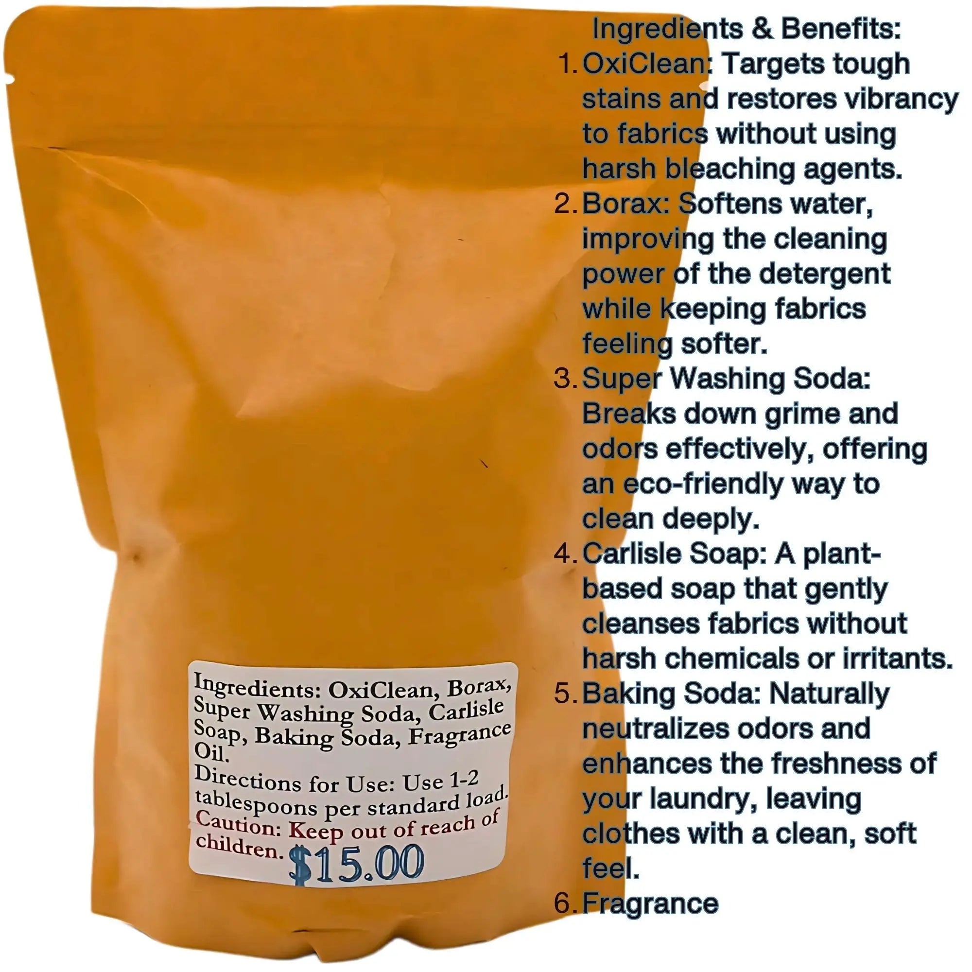 Orange bag of Grounded laundry detergent shows ingredients, benefits, and price of $15.00.