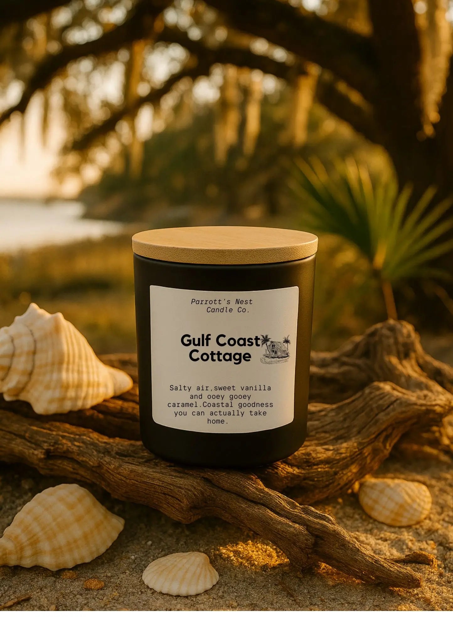 Gulf Coast Cottage Soy Candle | 8 oz Vanilla Caramel Hand-Poured Candle by Parrott's Nest Candle Company, scented candle main product photo