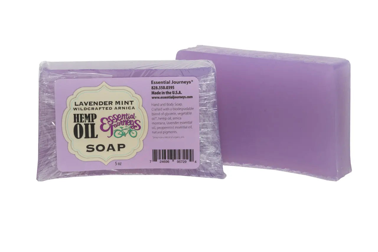 Lavender Mint Hemp Oil Soap by Essential Journeys, two purple bars.