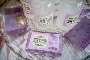 Purple bar of hemp oil soap with lavender and mint labels.