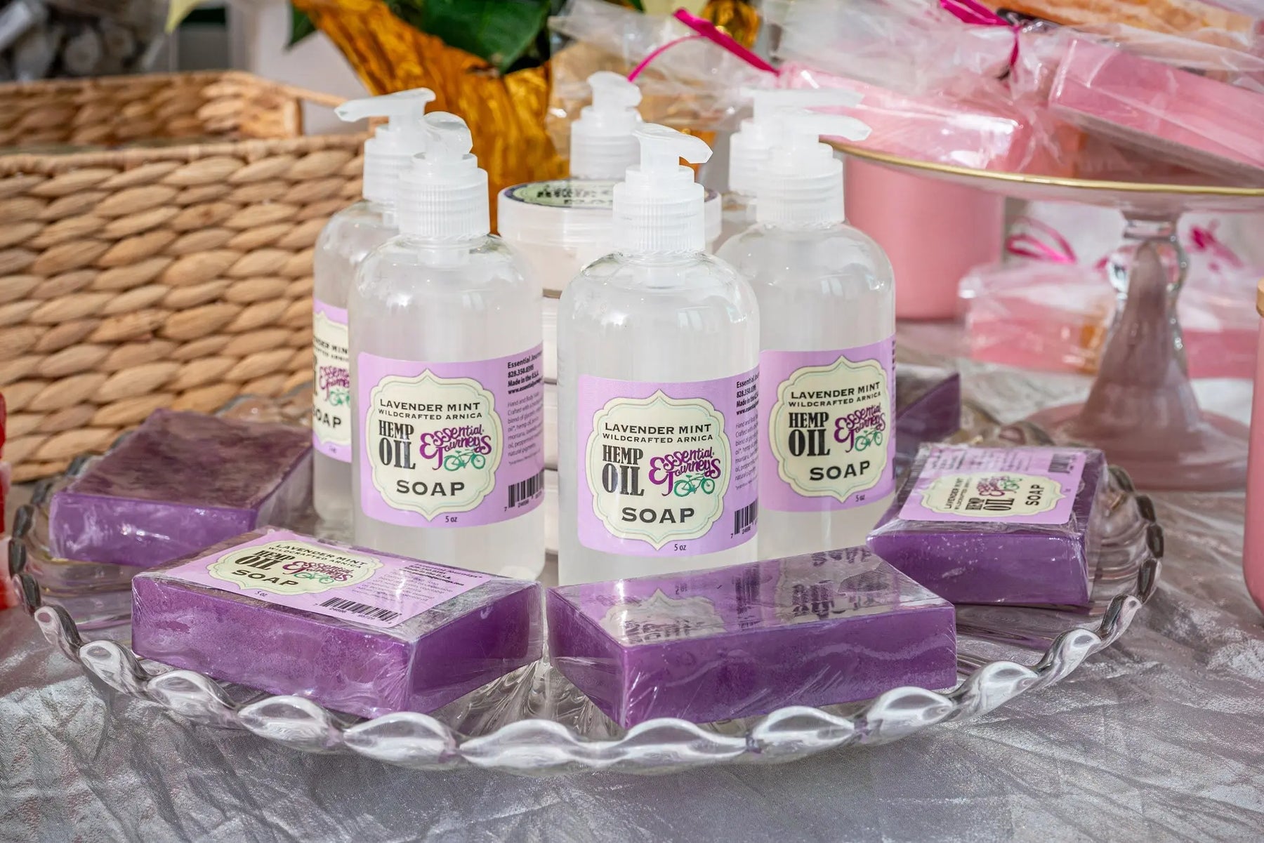 Purple lavender mint hemp oil soap bottles and bars by Essential Journeys.