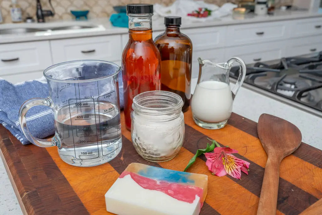 HONEYSUCKLE GOATS MILK SOAP SLICE 5 OZ WITH INGREDIENTS AND SOAP MAKING TOOLS