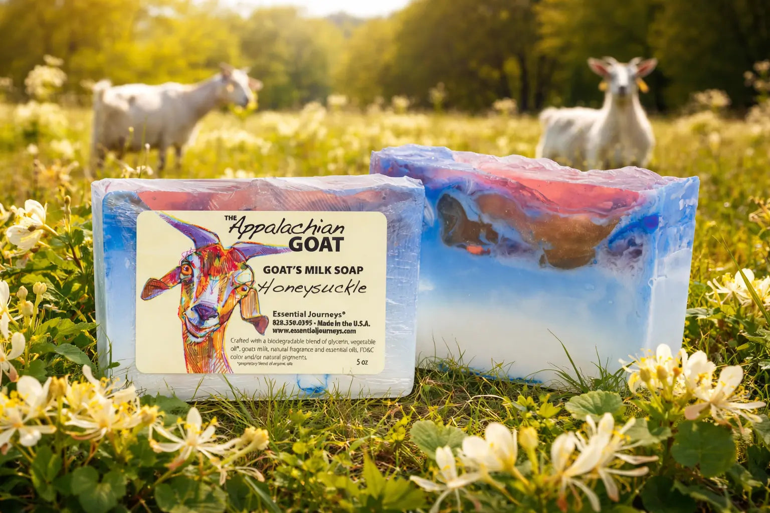 The Appalachian Goat Honeysuckle Goat's Milk Soap, 5 oz bar in a field.