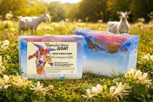 The Appalachian Goat Honeysuckle Goat's Milk Soap, 5 oz bar in a field.