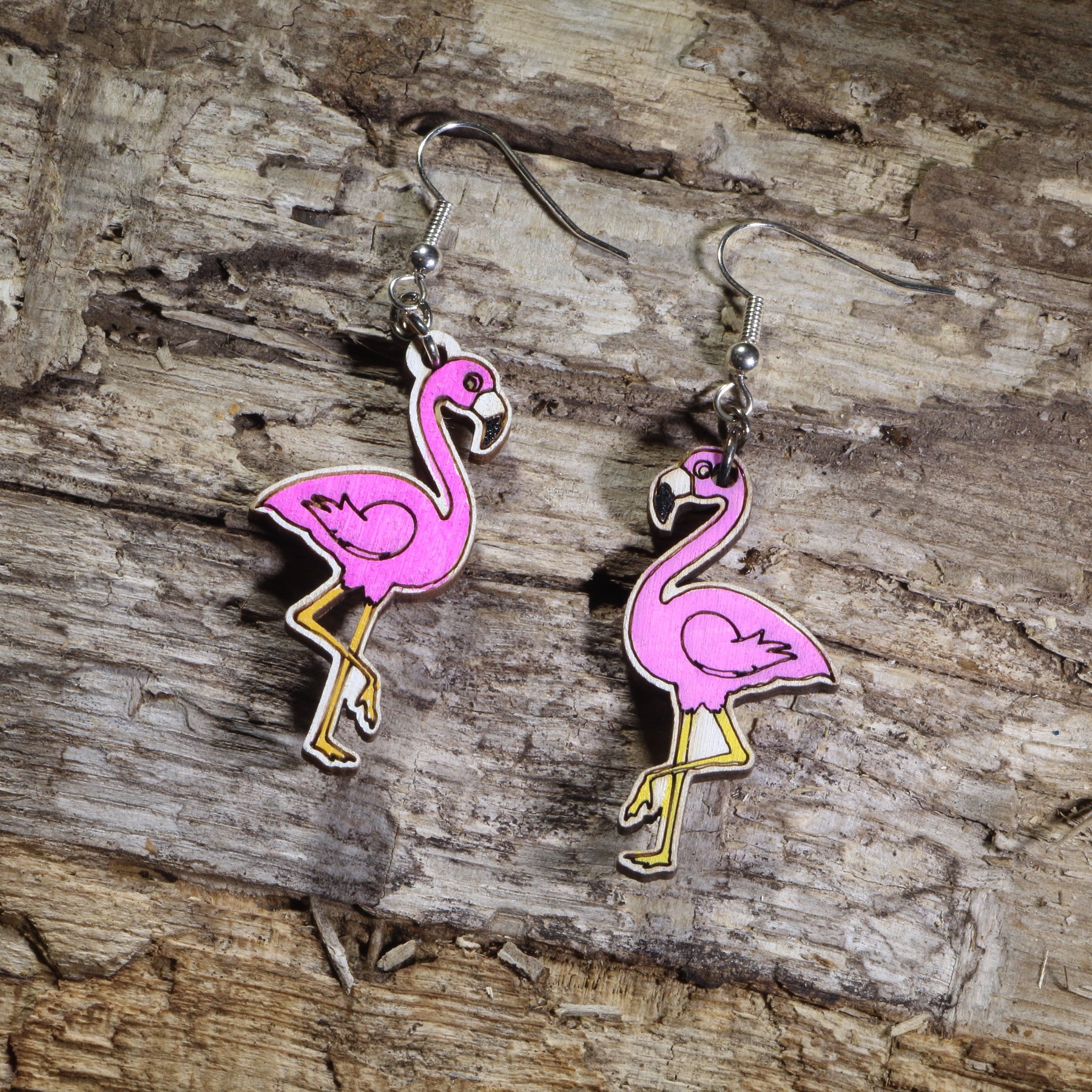 Pink Flamingo Wooden Dangle Earrings | Tropical Bird Jewelry